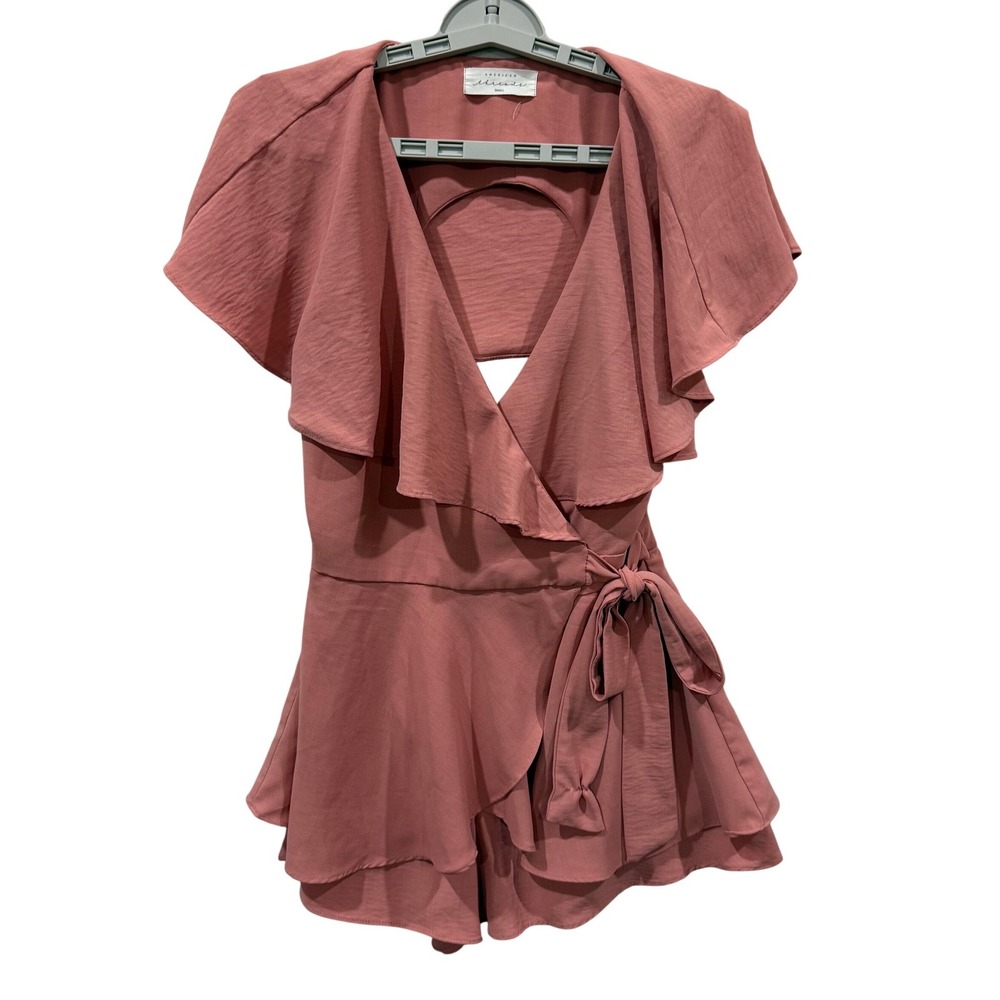 American Threads Women Small Dusty Rose Wrap Romper Open Back Ruffle Y17419